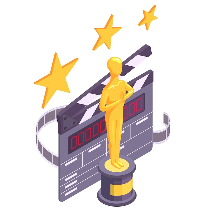 Vector recompensa de cine isométrico película de tablero de cine y estatuilla dorada ilustración vectorial 3d símbolos de producción de películas en fondo blanco