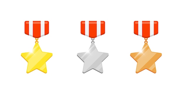 Recompensa de estrella de medalla de bronce de plata de oro para videojuegos o animación de aplicaciones. Premio al logro de bonificación al primer segundo tercer lugar. Trofeo ganador aislado ilustración vectorial eps plana