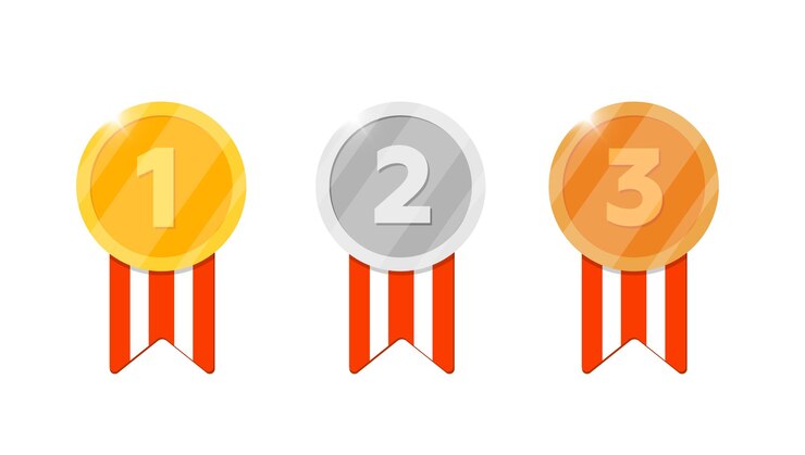 La recompensa de la medalla de oro, plata y bronce se establece con el primer segundo número del tercer lugar y la cinta rayada para el icono de videojuegos o aplicaciones. Premio de bonificación por logros. Ilustración de vector plano aislado de trofeo de ganador