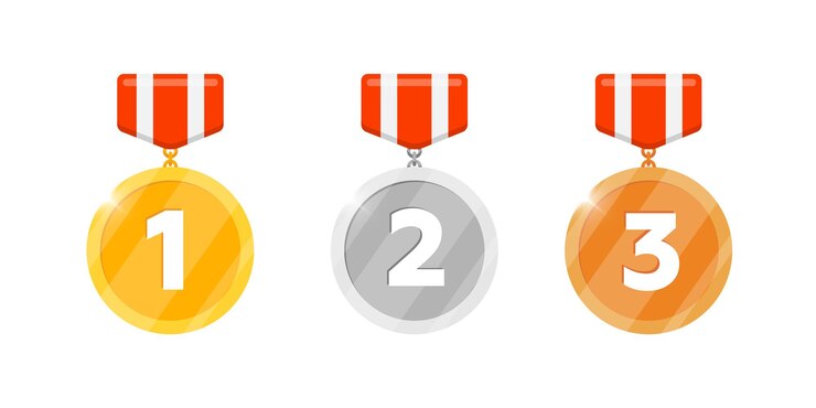 La recompensa de la medalla de la victoria de bronce, plata y oro se establece con el primer segundo número del tercer lugar y la cinta rayada para el ícono de las aplicaciones de videojuegos. Premio de bonificación por logros. Ilustración de vector plano aislado de trofeo de ganador