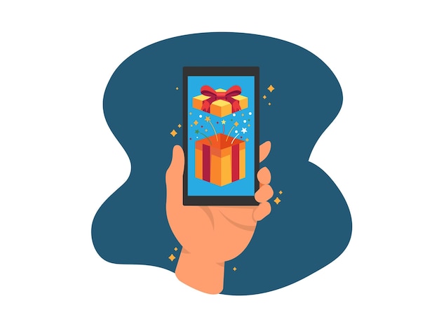 Las recompensas de ganar puntos de compras en línea Por correo electrónico a través de un teléfono inteligente Vector de ilustración de dibujos animados de estilo plano