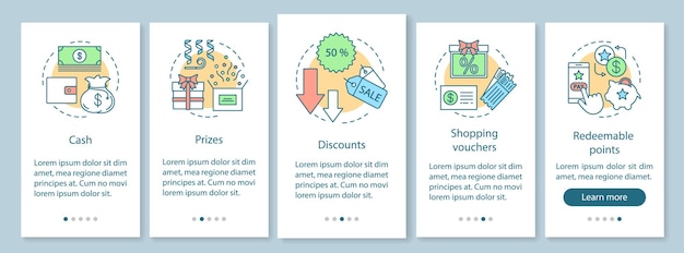 Recompensas de referencia al incorporar la plantilla de vector de pantalla de la página de la aplicación móvil. campaña de captación de clientes, retención. pasos del sitio web con ilustraciones lineales. concepto de interfaz de teléfono inteligente ux, ui, gui