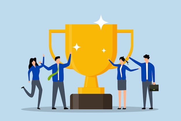Reconocimiento del éxito del equipo felicidad éxito hombres y mujeres de negocios equipo sosteniendo la copa del trofeo ganador