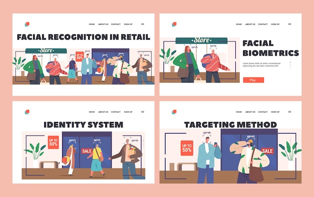 Reconocimiento facial en la plantilla de la página de inicio de la tienda minorista conjunto de caracteres de los visitantes en un centro comercial moderno con cámaras