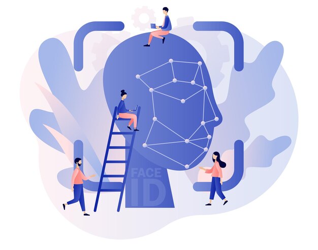 Reconocimiento facial usando una identificación láser Personas diminutas escanean la cara Seguridad de datos Identificación biométrica
