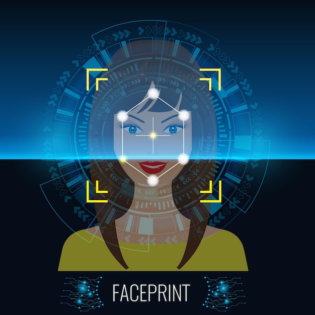 Reconocimiento facial vectorial o tecnología faceprint escaneando la cara de la mujer con abstract tech background