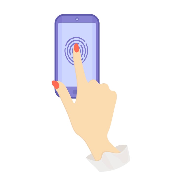 Vector reconocimiento de huellas dactilares en el teléfono. telefono azul ilustración plana ilustración vectorial