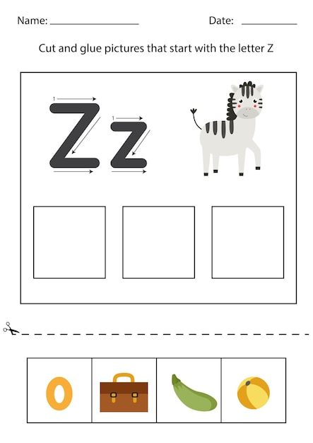 Reconocimiento de letras para niños. corta y pega. letra z