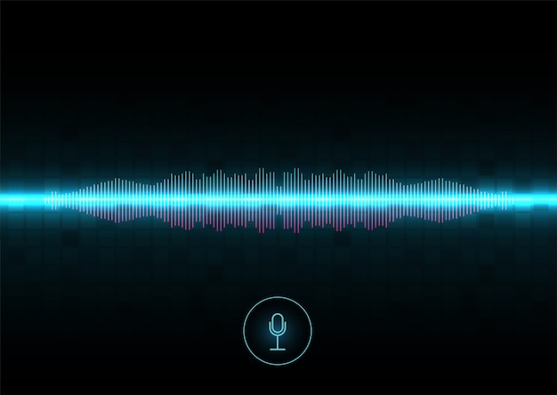 Reconocimiento de voz, ecualizador, grabador de audio. Botón de micrófono con onda de sonido. Símbolo de tecnología inteligente. Voz auxiliar de IA de alta tecnología, flujo de onda de fondo, ecualizador.