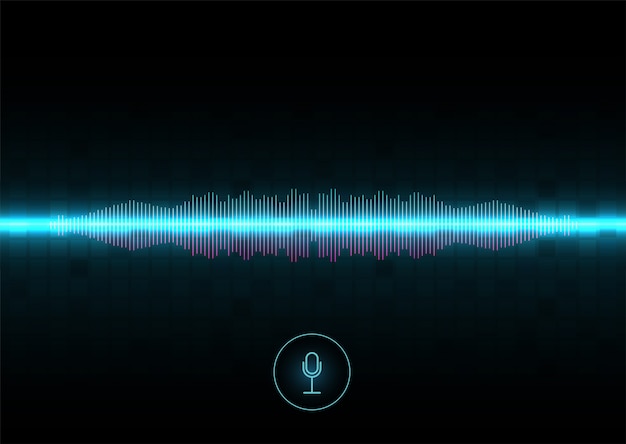Reconocimiento de voz, ecualizador, grabador de audio. botón de micrófono con onda de sonido. símbolo de tecnología inteligente. voz auxiliar de ia de alta tecnología, flujo de onda de fondo, ecualizador.