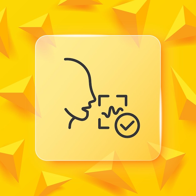 Reconocimiento de voz con icono de línea de marca Entrada biométrica autentificación éxito verificación de identidad asistente personal sistema de seguridad Concepto de biometría Estilo de morfismo de cristal Icono de línea vectorial