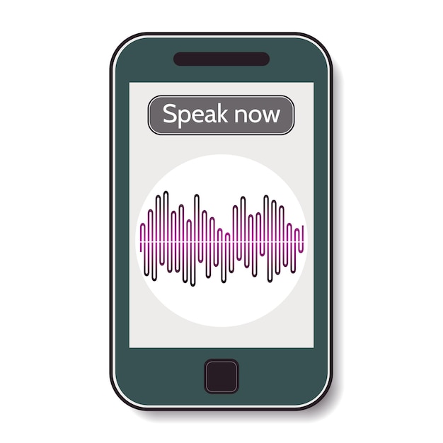 Reconocimiento de voz. Teléfono móvil con programa de reconocimiento de voz en pantalla. ilustración vectorial