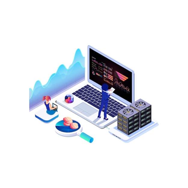 Vector recopilación de datos isométricos, gráfico de análisis y computación en línea.