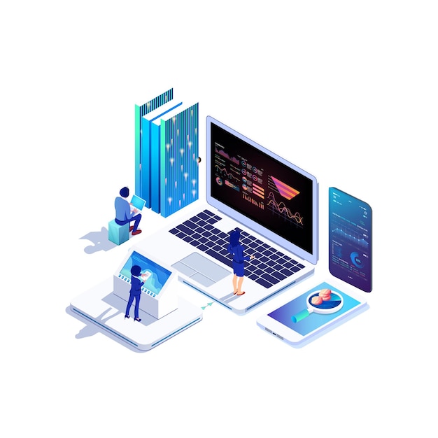 Vector recopilación de datos isométricos, gráfico de análisis y computación en línea.