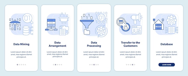 Recopilación y procesamiento de datos pantalla de aplicación móvil de incorporación azul claro