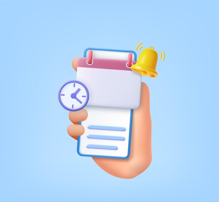 Recordatorio 3D en el calendario en el teléfono móvil en la mano icono de notificaciones con elementos flotantes Alerta para eventos de planificación de negocios recordatorio y horario renderización 3D Ilustración vectorial