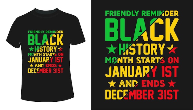 Vector recordatorio amistoso el mes de la historia negra comienza el 1 de enero y finaliza el 31 de diciembre diseño de camiseta