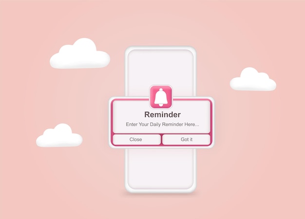 Recordatorio rosa en maqueta de diseño 3d en el teléfono Notificaciones Web banner Concepto sitio web de diseño web