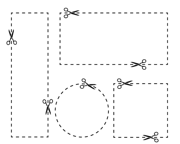 Vector recorta el cupón de diferentes formas con unas tijeras. conjunto de bordes de cupón. corta a lo largo de la línea punteada