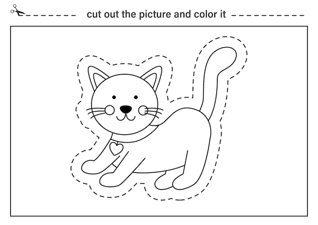 Recorta un lindo gato y coloréalo Hoja de trabajo en blanco y negro para niños Práctica de corte para niños en edad preescolar