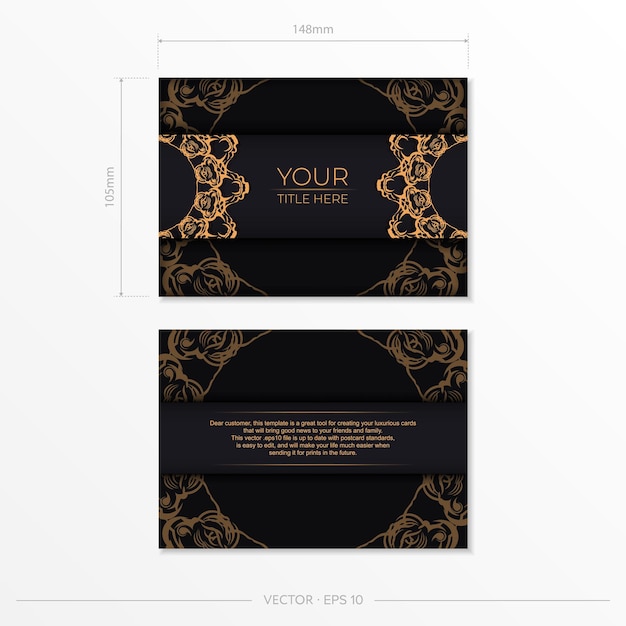 Rectangular Prepare postales en negro con lujosos patrones dorados Plantilla para tarjeta de invitación de diseño de impresión con adorno vintage