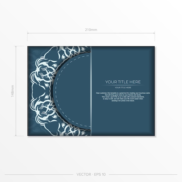 Rectangular vector preparación de postales de color azul con adornos de luz de lujo plantilla para diseño de tarjeta de invitación imprimible con patrones vintage