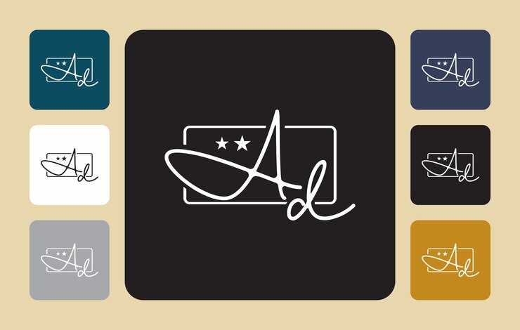 Rectángulo de anuncio estrellas A d letra inicial Anuncio escritura a mano inicial plantilla de logotipo de firma vector letras de mano para diseños o para identidad