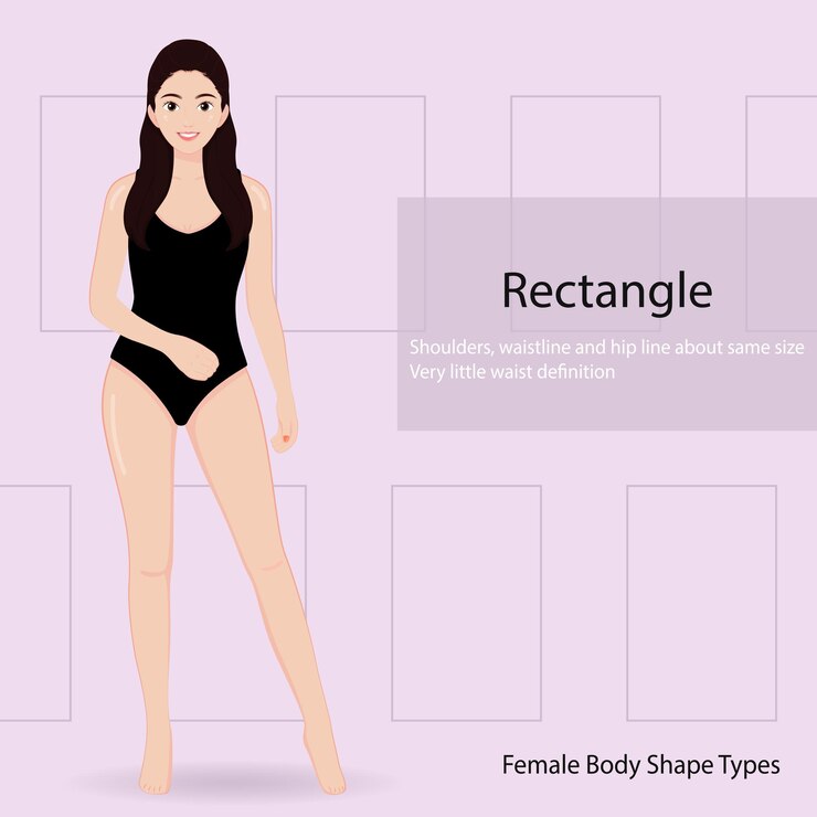 Rectángulo de forma de cuerpo Mujer bonita joven en traje de baño bikini Diferentes formas de cuerpo de mujer