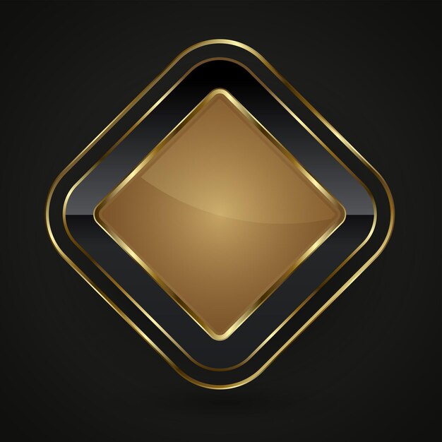 Un rectángulo de lujo botón negro y dorado con ilustración vectorial de marco y diseño elegante y brillante en 3D para la medalla o la insignia de la etiqueta vacía con efecto de luz brillante y gradiente