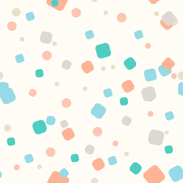 Rectángulos redondos desordenados en colores pastel y fondo de puntos. Patrón sin fisuras festivo