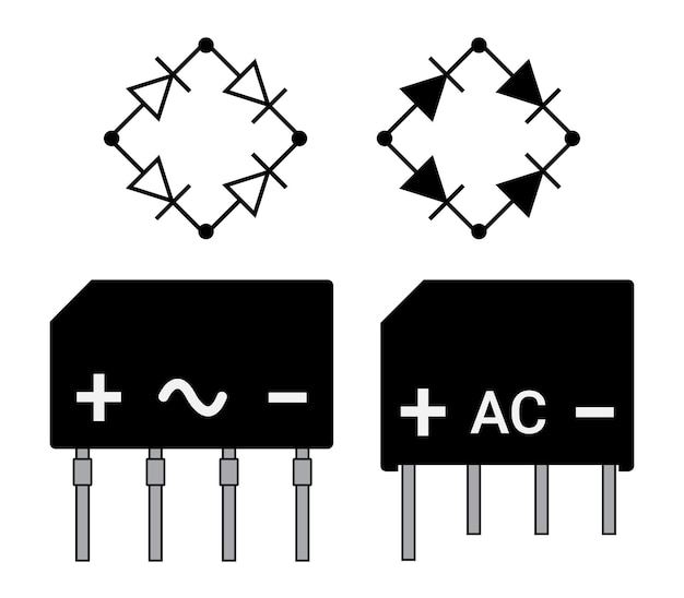 Rectificador de puente de diodo y símbolo. Componente electrónico. Ciencias de la educación física.