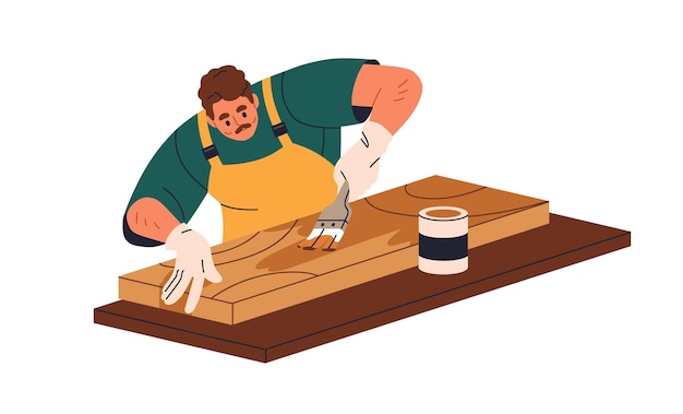 Vector recubrimiento de la tabla de madera con barniz de aceite acabado de la placa de madera dura con la capa de protección final aplicación de laca de difusión en la madera ilustración vectorial gráfica plana aislada sobre fondo blanco