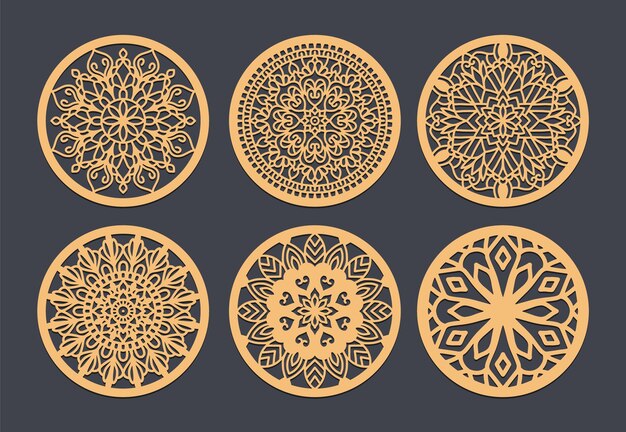 El recuerdo de boda perfecto Posavasos cortados con láser para sus invitados Conjunto de vectores de mandalas Ruta decorativa