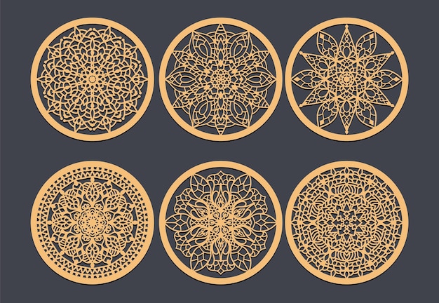 El recuerdo de boda perfecto Posavasos cortados con láser para sus invitados Conjunto de vectores de mandalas Ruta decorativa