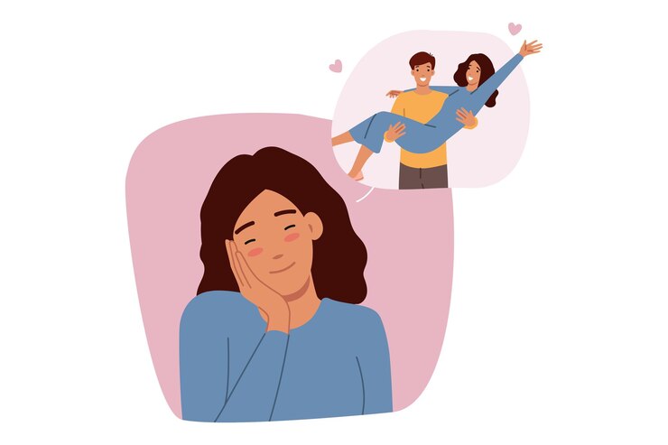 Vector recuerdos románticos de una mujer imaginando a su novio levantándose en sus brazos durante la luna de miel.