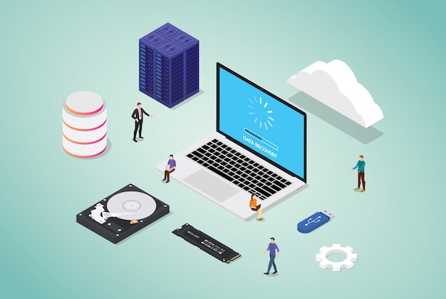 Recuperación de datos de la base de datos del servidor del sector defectuoso con un poco de hardware y herramientas con personas del equipo e isométrico moderno de estilo plano