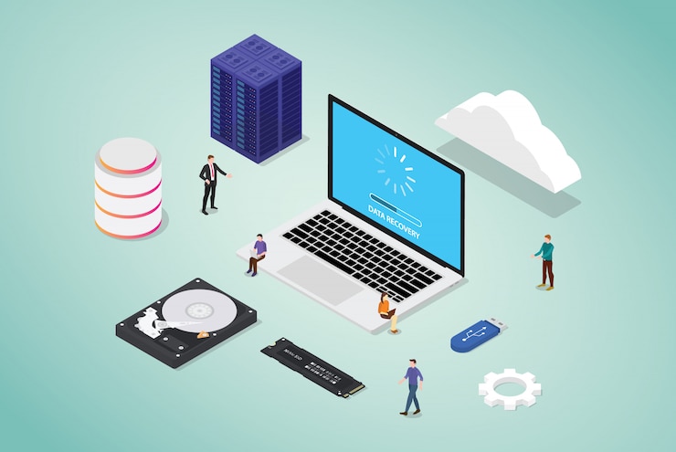 Vector recuperación de datos de la base de datos del servidor del sector defectuoso con un poco de hardware y herramientas con personas del equipo e isométrico moderno de estilo plano