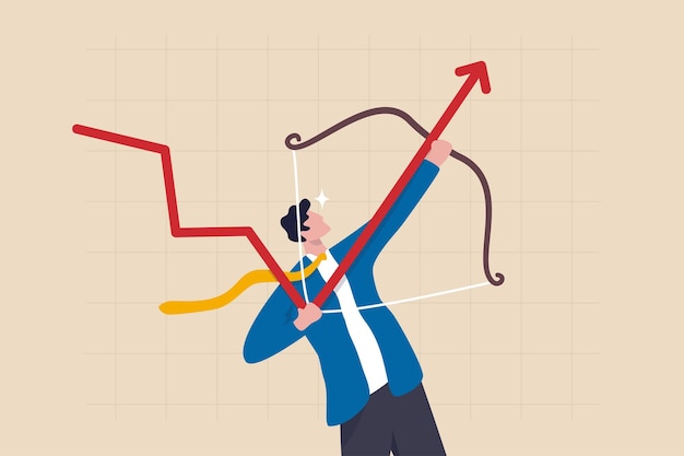 Recuperación económica, cambio para aumentar las ganancias o el crecimiento, el éxito mejora los ingresos comerciales o aumenta el concepto de ganancias de inversión, el hombre de negocios inteligente rechaza el gráfico de tendencias para levantarse con su arco.