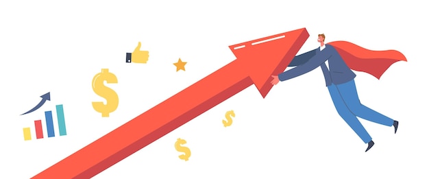 Recuperación económica, concepto de reactivación. Carácter de superhéroe empresario en capa roja que se levanta gráfico de flecha tratando de sobrevivir durante la crisis global, reactivación de la economía. Ilustración de Vector de gente de dibujos animados