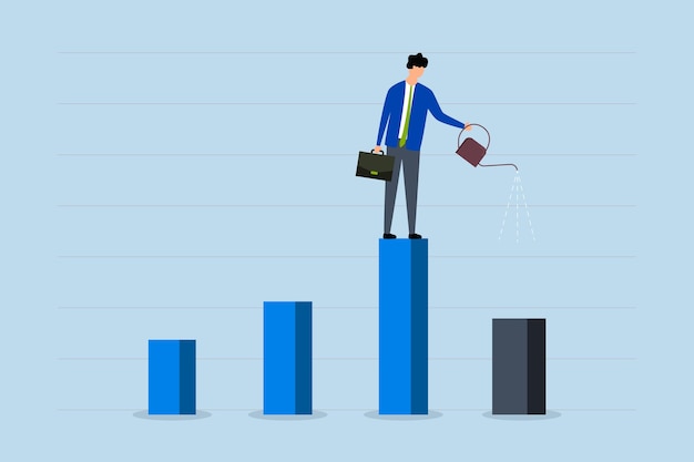 Recuperación económica de estímulo monetario empresario gerente de pie gráfico de barra de ganancias riego este año gráfico de Barra de crecimiento