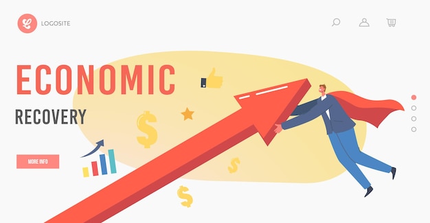 Recuperación económica, plantilla de página de inicio de reactivación. Carácter de hombre de negocios en Red Cloak Rising Up Arrow Graph tratando de sobrevivir durante la crisis global, el renacimiento de la economía. caricatura, gente, vector, ilustración