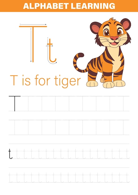 Recurso de aprendizaje del alfabeto con la letra T en mayúsculas y minúsculas junto con un lindo tigre de dibujos animados destinado a niños pequeños
