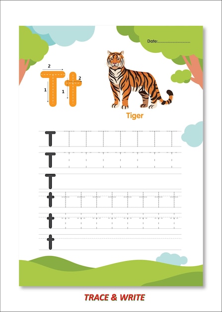 Recursos completos de vectores para T para Tiger Letters Trace and Write para niños