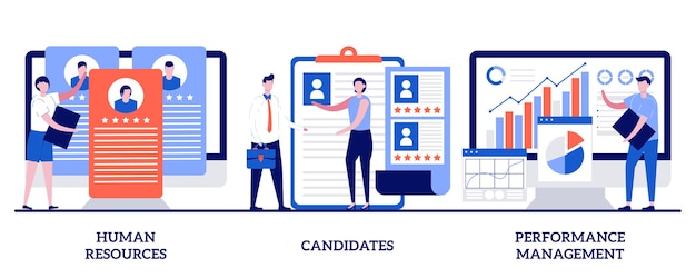 Recursos humanos, candidatos, concepto de gestión del rendimiento con gente pequeña. Conjunto de servicios de HR y headhunter. Encuentre empleado, solicitante de empleo, software de gestión de recursos humanos.