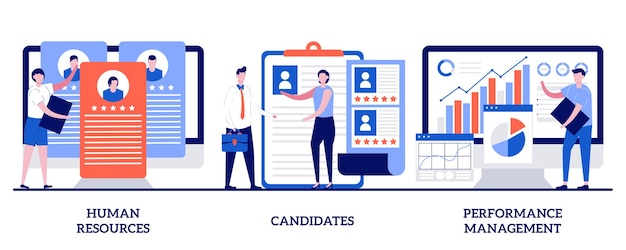 Recursos humanos, candidatos, concepto de gestión del rendimiento con gente pequeña. conjunto de servicios de hr y headhunter. encuentre empleado, solicitante de empleo, software de gestión de recursos humanos.