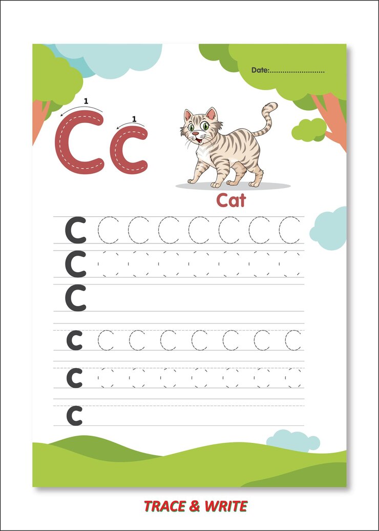 Recursos vectoriales para el aprendizaje del alfabeto C para Cat Trace y Write para niños