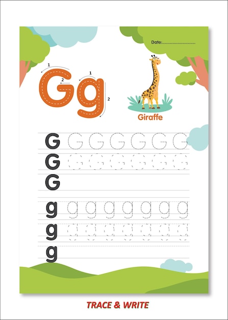 Recursos vectoriales para el aprendizaje del alfabeto G para jirafa Trace and Write for Kids