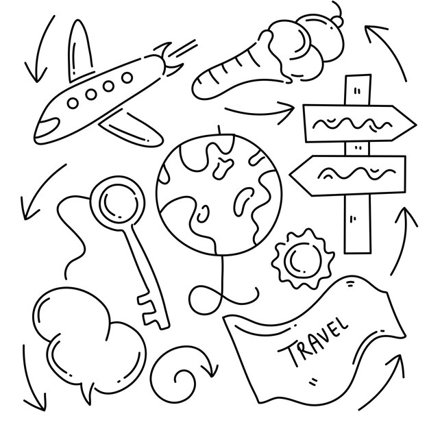 recursos de viaje doodle conjunto de diseño vectorial