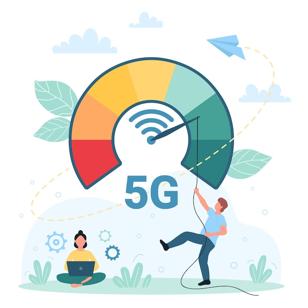 La red 5G de conexión a Internet de banda ancha aumenta la velocidad del hombre pequeño que empuja la flecha