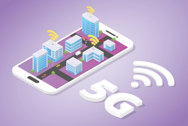 Vector red 5g en tecnología de construcción de ciudad inteligente con señal wifi encima del teléfono inteligente